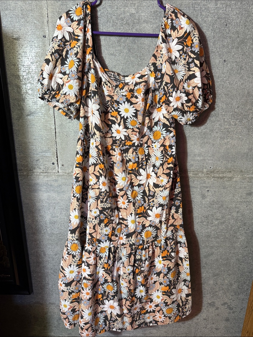 a.n.a Black Floral Puff-Sleeve Midi Dress with Cream and Yellow Daisies